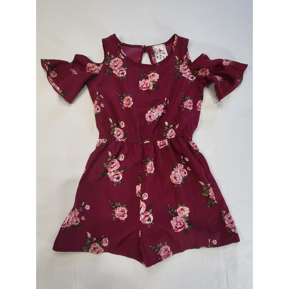 Jenna & Jessie Girls Burgundy Floral Cold Shoulder Romper Size 7 Pink Rose Print